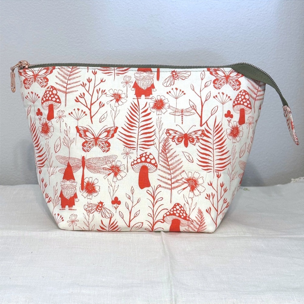 Handmade Woodland Gnome Mushroom Cosmetic‎ Bag Orange Cream Zipper Pouch